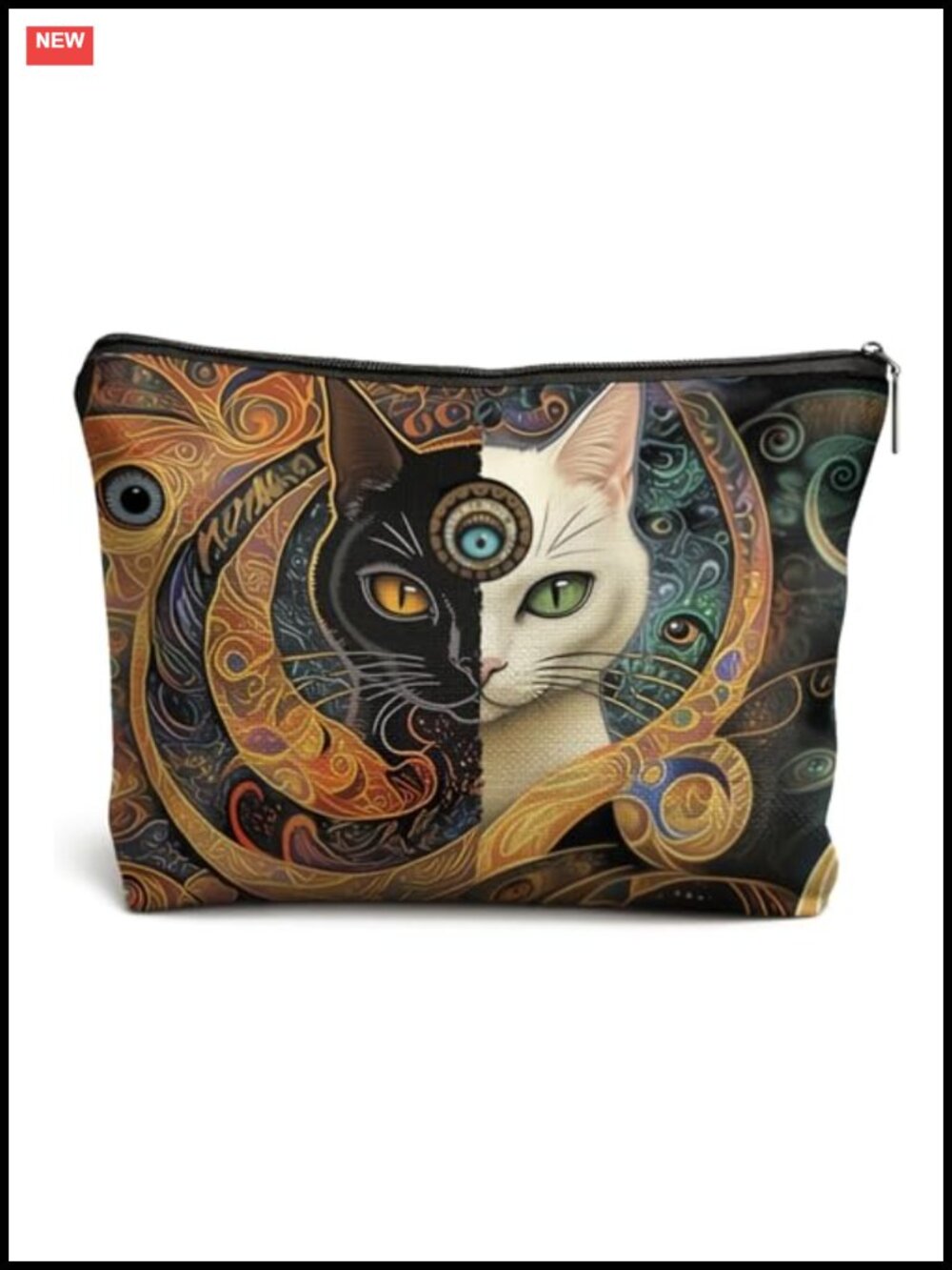 Boho Witchy Cat Makeup Bag, Waterproof Linen Cosmetic Pouch, Travel Toiletry